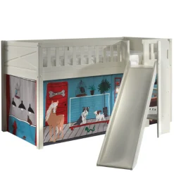 Halbhochbett Scottie 90x200 cm mit Rutsche und Zoogeschäft Spielvorhang-weiß