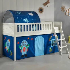 Halbhochbett Scottie 90x200 cm mit Astronautenspielvorhang und Betttunnel-weiß