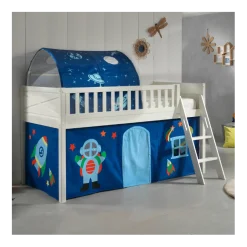 Halbhochbett Scottie 90x200 cm mit Astronautenspielvorhang und Betttunnel-weiß