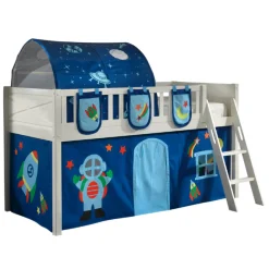 Halbhochbett Scottie 90x200 cm mit Astronautenspielvorhang, 3 Aufbewahrungstaschen und Betttunnel-weiß