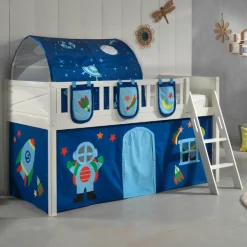 Halbhochbett Scottie 90x200 cm mit Astronautenspielvorhang, 3 Aufbewahrungstaschen und Betttunnel-weiß