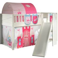 Halbhochbett Scottie 90x200 cm mit Rutsche, Prinzessinnen-Spielvorhang, 3 Aufbewahrungstaschen und Betttunnel-weiß