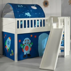 Halbhochbett Scottie 90x200 cm mit Rutsche, Astronautenspielvorhang und Betttunnel-weiß