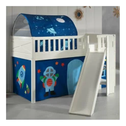 Halbhochbett Scottie 90x200 cm mit Rutsche, Astronautenspielvorhang und Betttunnel-weiß