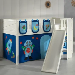 Halbhochbett Scottie 90x200 cm mit Rutsche, Astronautenspielvorhang und 3 Aufbewahrungstaschen-weiß