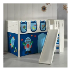 Halbhochbett Scottie 90x200 cm mit Rutsche, Astronautenspielvorhang und 3 Aufbewahrungstaschen-weiß