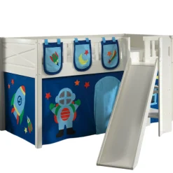 Halbhochbett Scottie 90x200 cm mit Rutsche, Astronautenspielvorhang und 3 Aufbewahrungstaschen-weiß