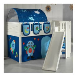 Halbhochbett Scottie 90x200 cm mit Rutsche, Astronautenspielvorhang, 3 Aufbewahrungstaschen und Betttunnel-weiß