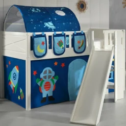 Halbhochbett Scottie 90x200 cm mit Rutsche, Astronautenspielvorhang, 3 Aufbewahrungstaschen und Betttunnel-weiß