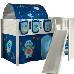 Halbhochbett Scottie 90x200 cm mit Rutsche, Astronautenspielvorhang, 3 Aufbewahrungstaschen und Betttunnel-weiß