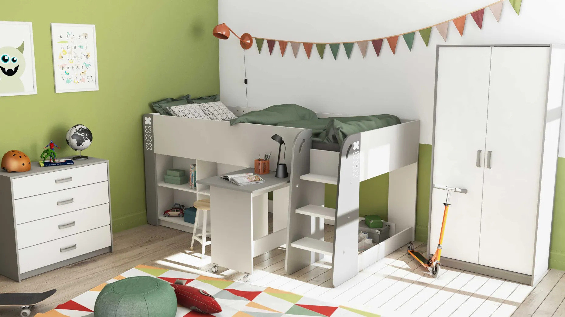 Halbhohes Bett Thierry matt weiß/dunkelgrau