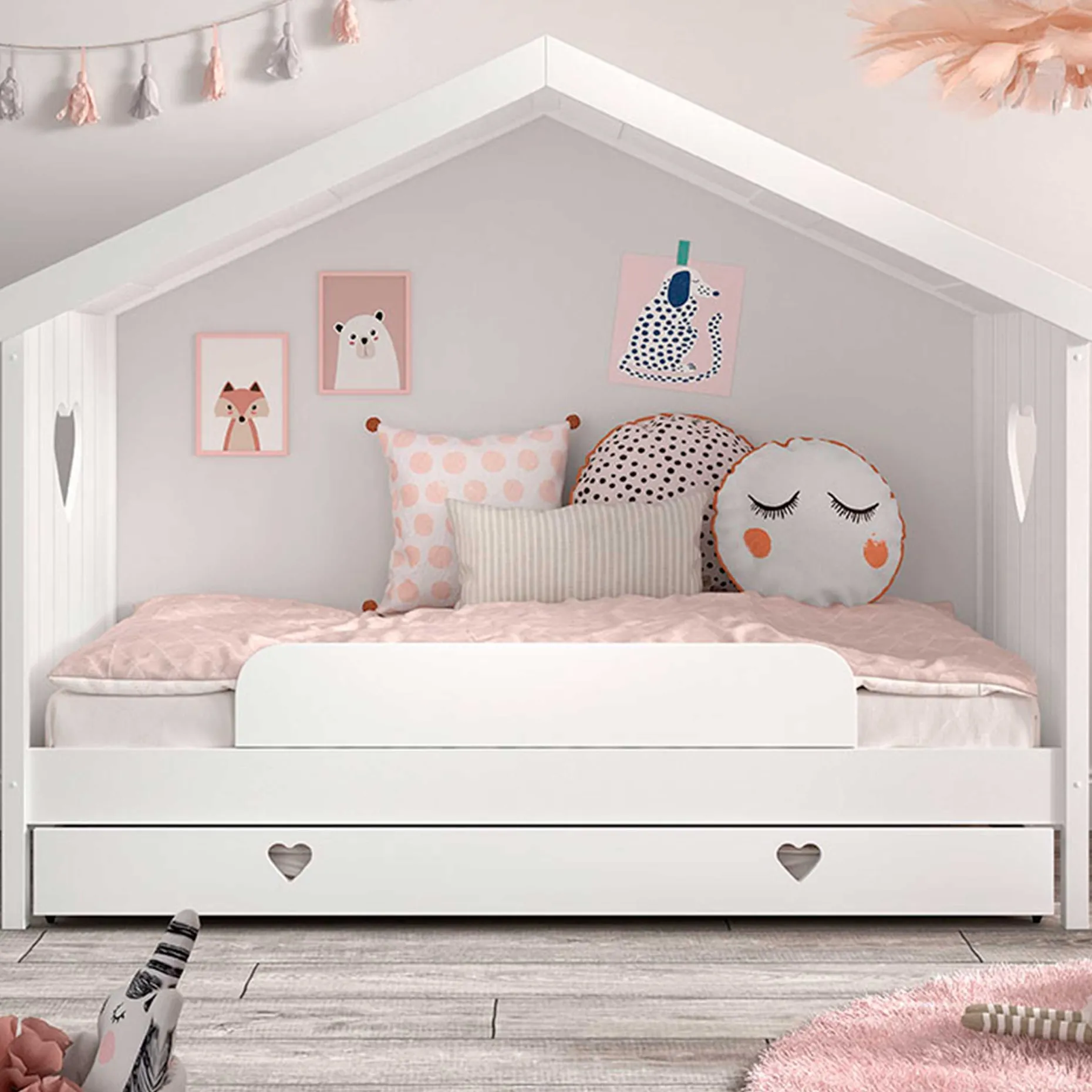 Hausbett Amori mit Bettschublade und Rausfallschutz - weiß