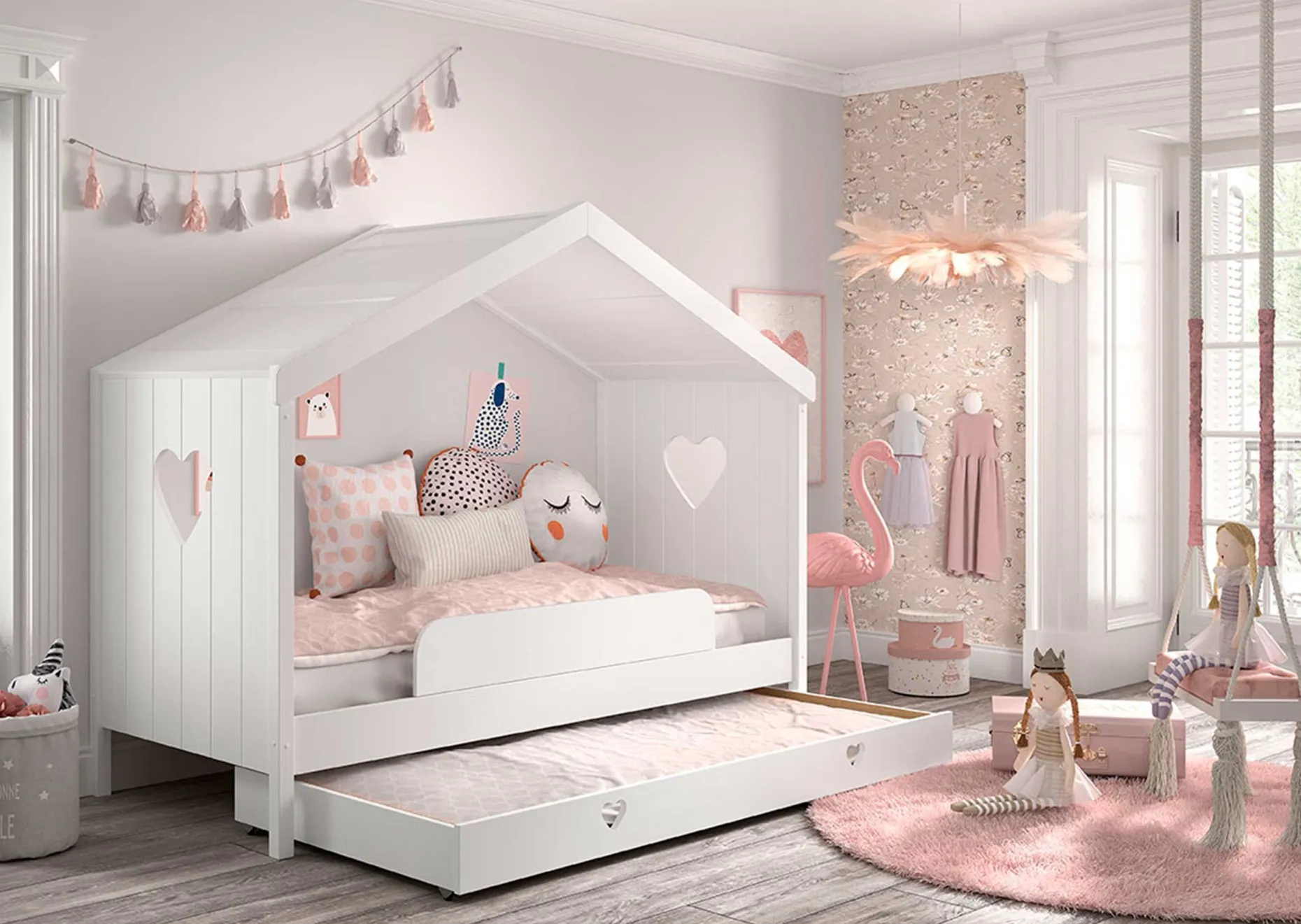 Hausbett Amori mit Bettschublade und Rausfallschutz - weiß