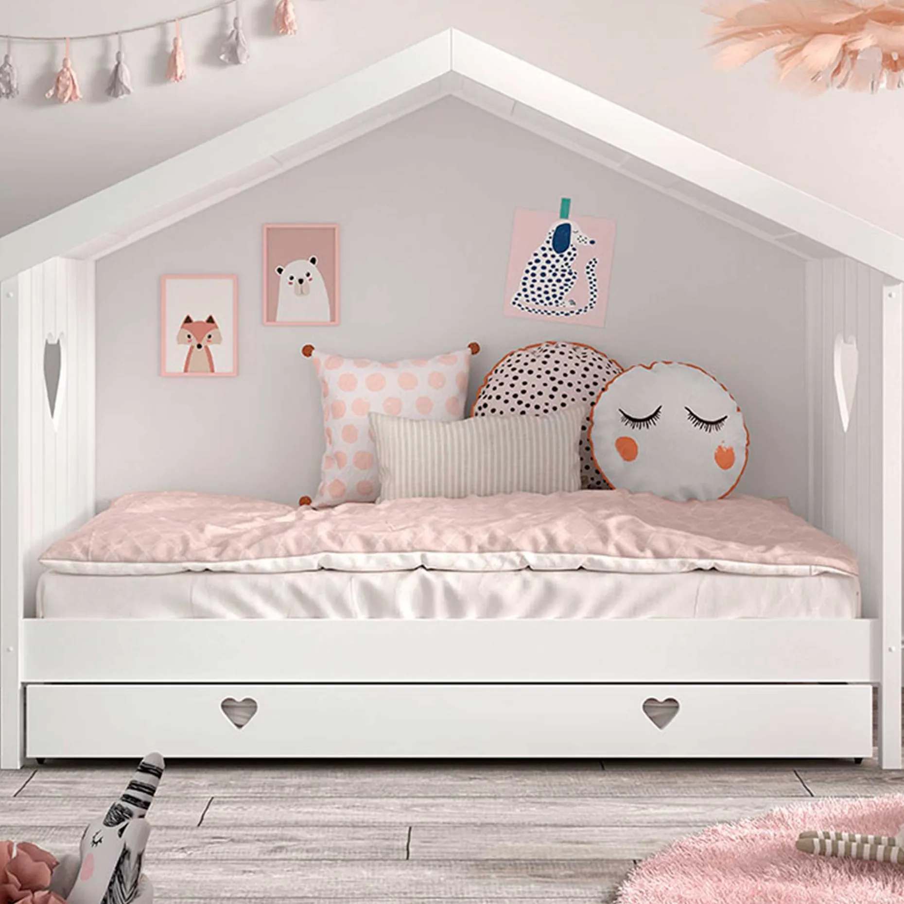Hausbett Amori mit Bettschublade - weiß