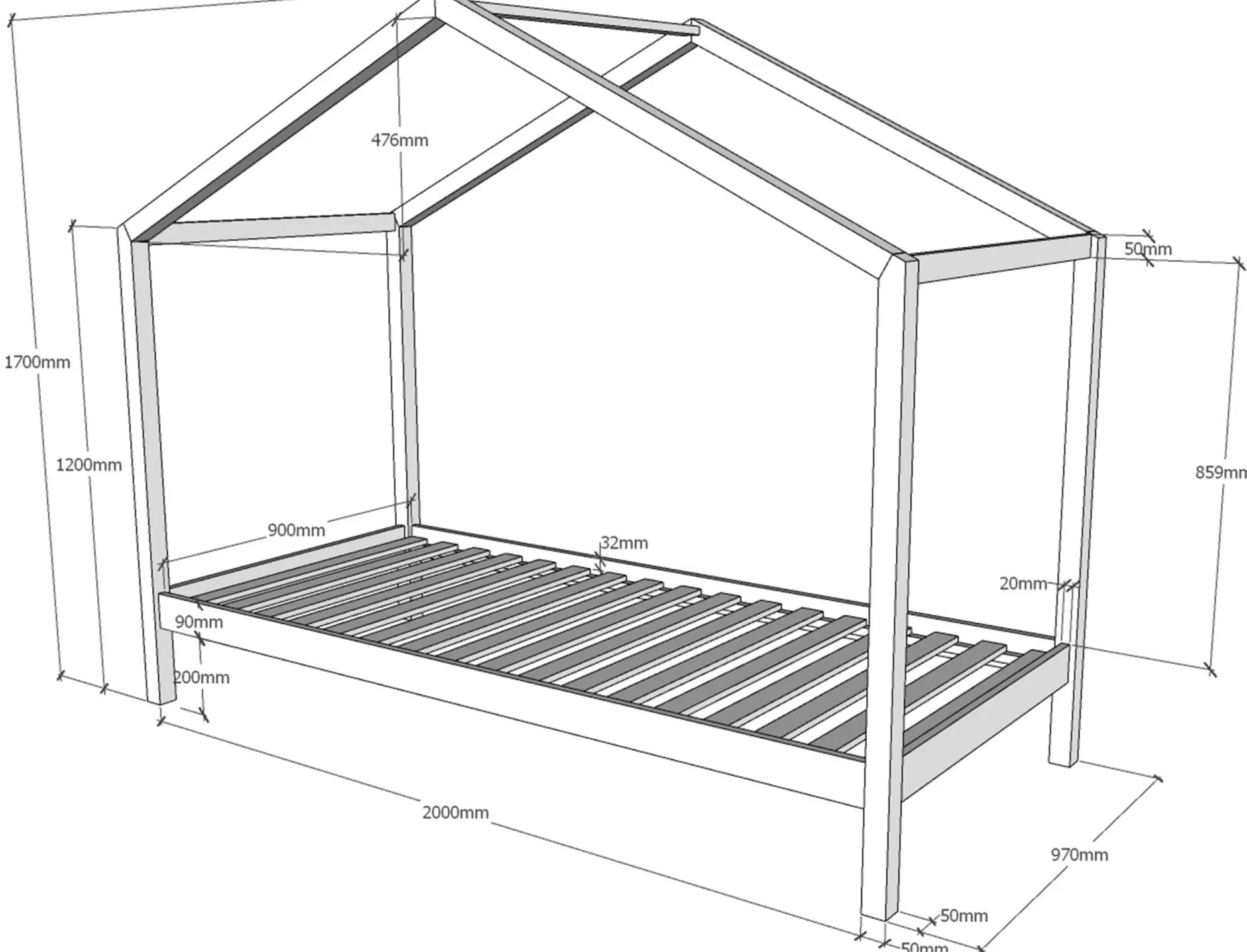Haus Bett Dallas 3 90x200 - Kieferholz