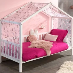Hausbett Dallas 2 90x200 mit Bettkasten und Voile mit Schmetterlingsmuster - weiß/rosa