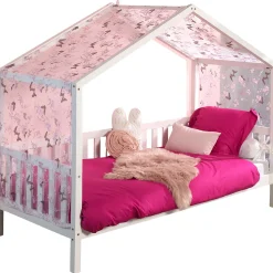 Hausbett Dallas 2 90x200 mit Bettkasten und Voile mit Schmetterlingsmuster - weiß/rosa