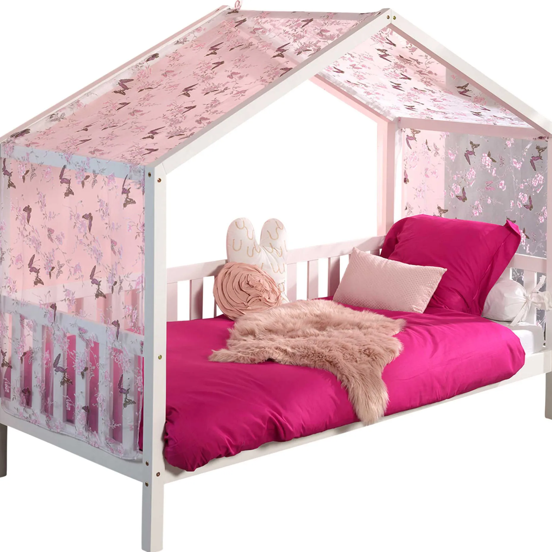Hausbett Dallas 2 90x200 mit Bettkasten und Voile mit Schmetterlingsmuster - weiß/rosa