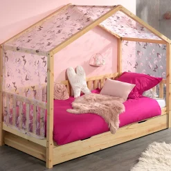 Hausbett Dallas 2 90x200 mit Bettkasten und Voile mit Schmetterlingsmuster - Kieferholz/rosa