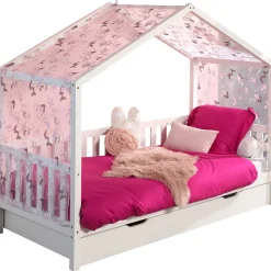 Hausbett Dallas 2 90x200 mit Bettkasten und Voile mit Schmetterlingsmuster - weiß/rosa
