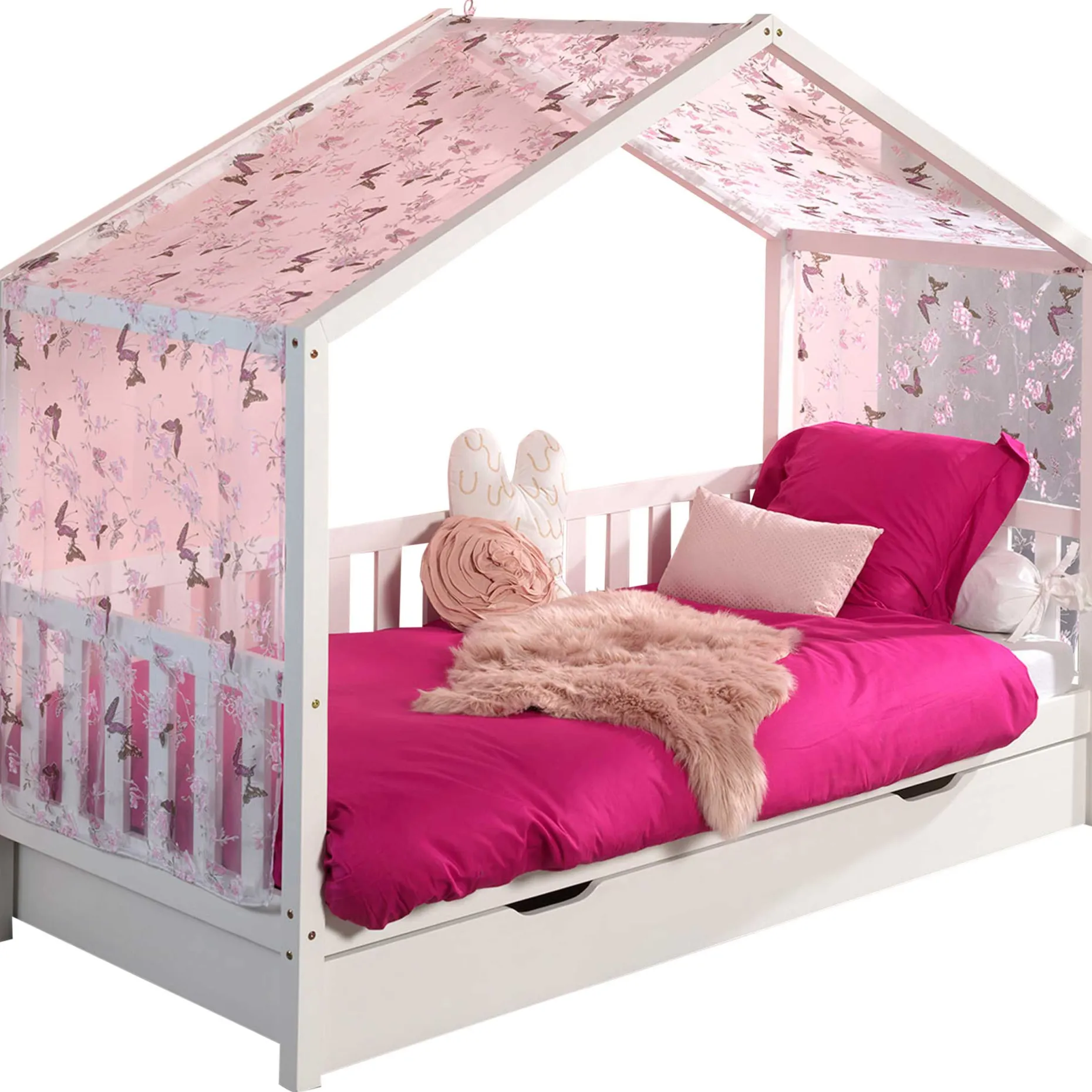 Hausbett Dallas 2 90x200 mit Bettkasten und Voile mit Schmetterlingsmuster - weiß/rosa