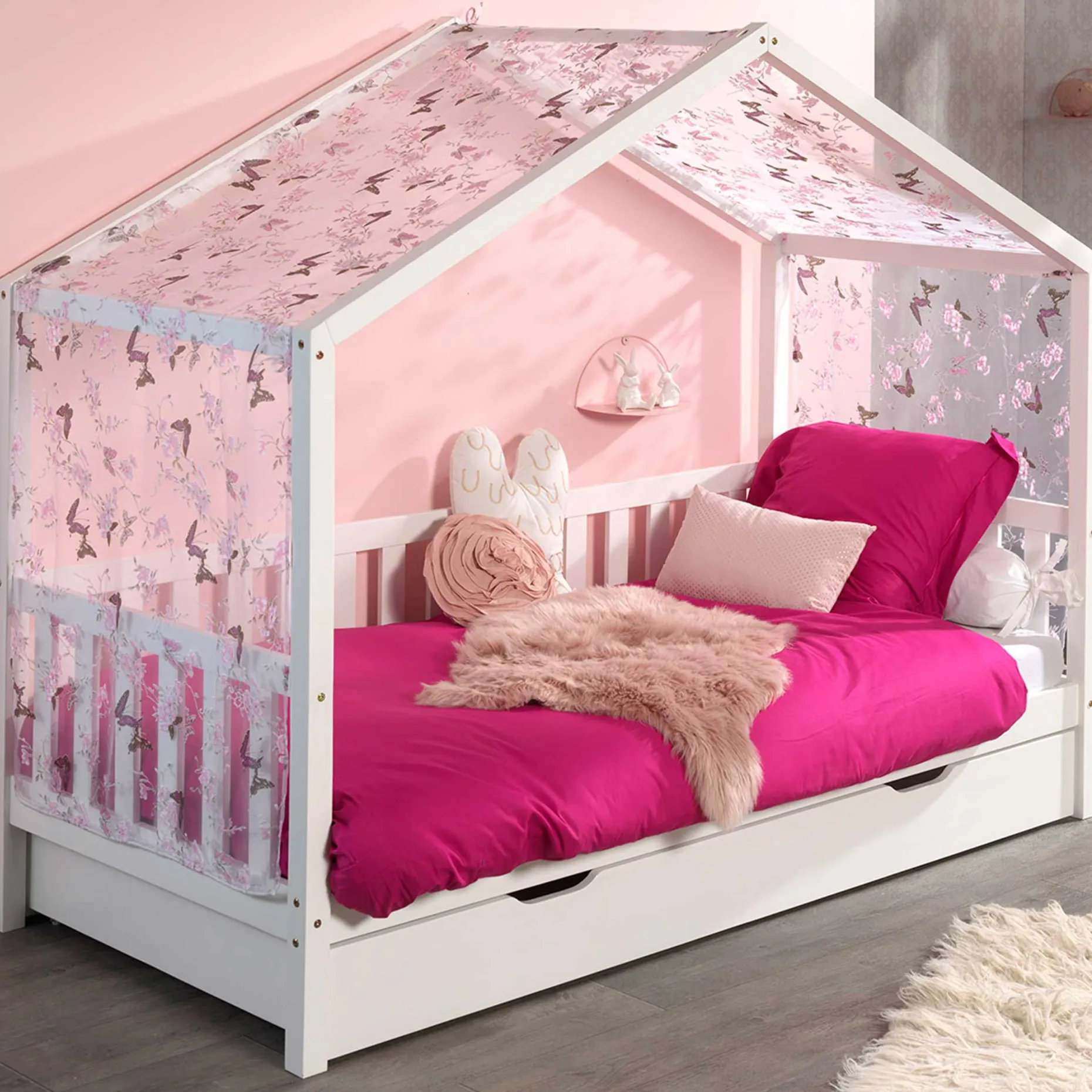 Hausbett Dallas 2 90x200 mit Bettkasten und Voile mit Schmetterlingsmuster - weiß/rosa