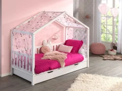 Hausbett Dallas 2 90x200 mit Bettkasten und Voile mit Schmetterlingsmuster - weiß/rosa