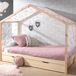 Hausbett Dallas 3 90x200 mit Bettkasten und Voile mit Schmetterlingsmuster - kieferholz/rosa