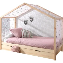 Hausbett Dallas 3 90x200 mit Bettkasten und Voile mit Schmetterlingsmuster - kieferholz/rosa