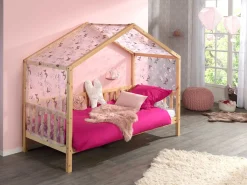 Hausbett Dallas 2 90x200 und Voile mit Schmetterlingsmuster - Kieferholz/rosa