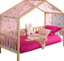Hausbett Dallas 2 90x200 und Voile mit Schmetterlingsmuster - Kieferholz/rosa