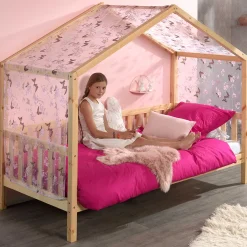 Hausbett Dallas 2 90x200 und Voile mit Schmetterlingsmuster - Kieferholz/rosa