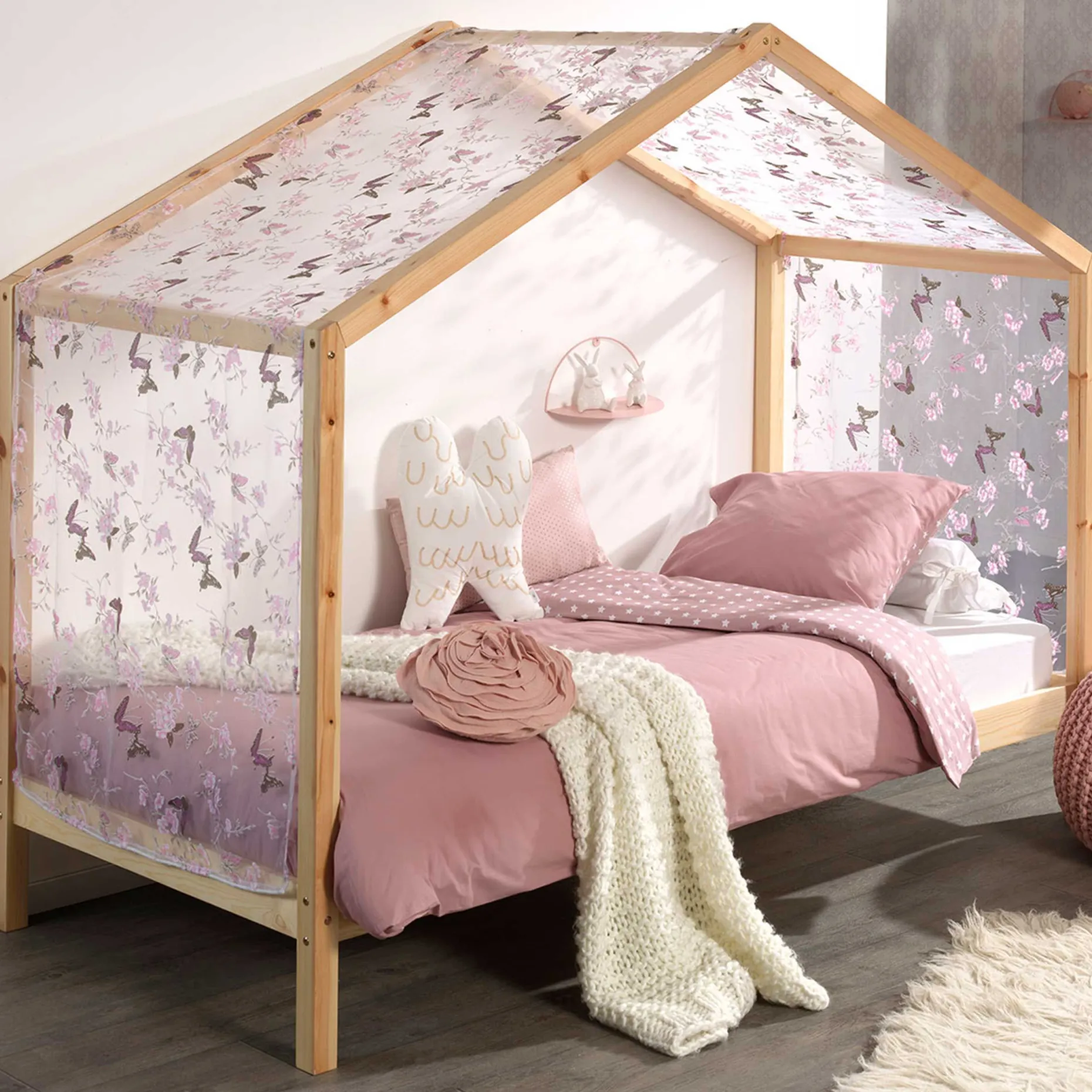 Hausbett Dallas 3 90x200 und Voile mit Schmetterlingsmuster - Kieferholz/rosa