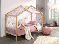Hausbett Dallas 3 90x200 und Voile mit Schmetterlingsmuster - Kieferholz/rosa