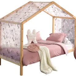 Hausbett Dallas 3 90x200 und Voile mit Schmetterlingsmuster - Kieferholz/rosa
