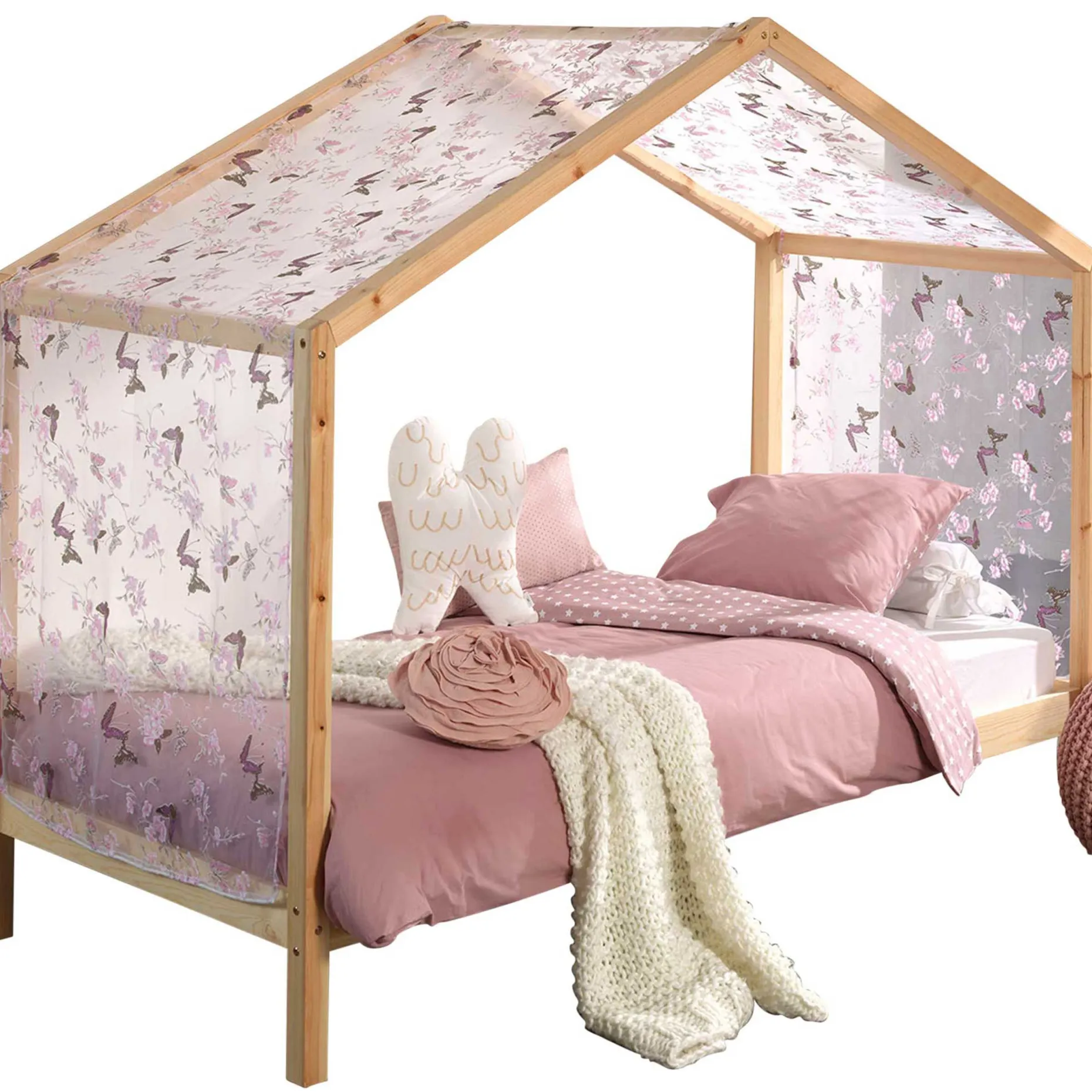 Hausbett Dallas 3 90x200 und Voile mit Schmetterlingsmuster - Kieferholz/rosa