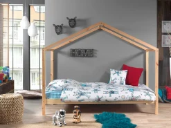 Hausbett Dallas 3 90x200 und Voile mit Schmetterlingsmuster - Kieferholz/rosa