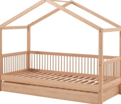 Hausbett Forrest 90x200cm mit Bettgitter und Bettkasten - Buche