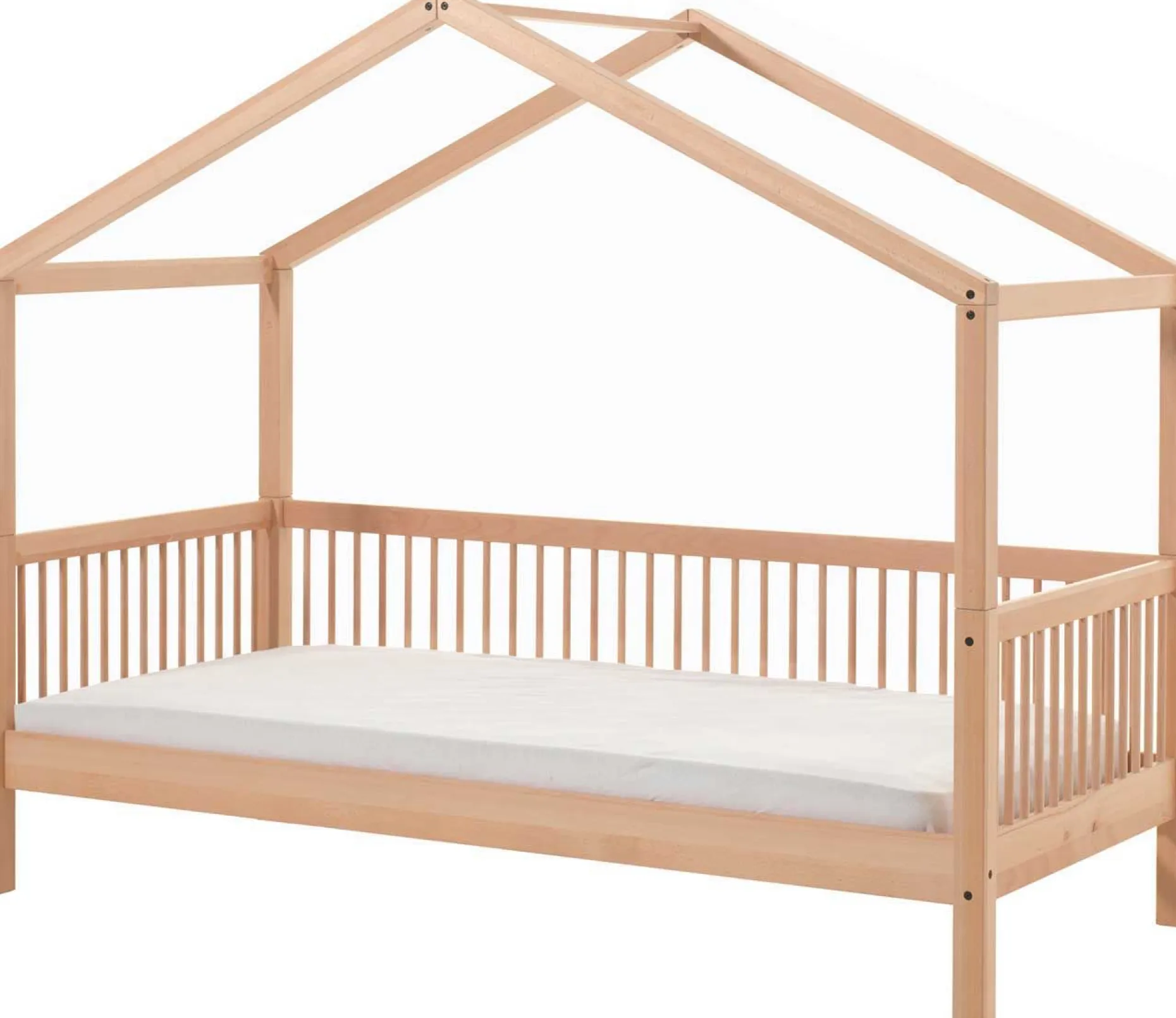 Hausbett Forrest 90x200cm mit Bettgitter und Bettkasten - Buche