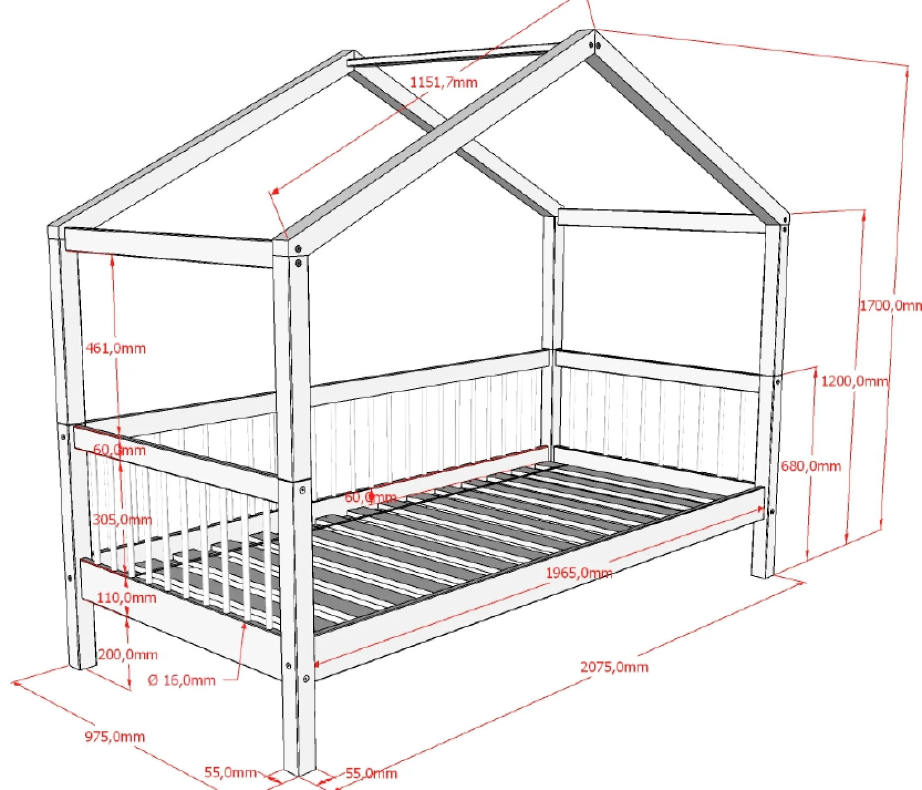 Hausbett Forrest 90x200cm mit Bettgitter und Bettkasten - Buche