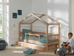 Hausbett Forrest 90x200cm mit Bettgitter und Bettkasten - Buche