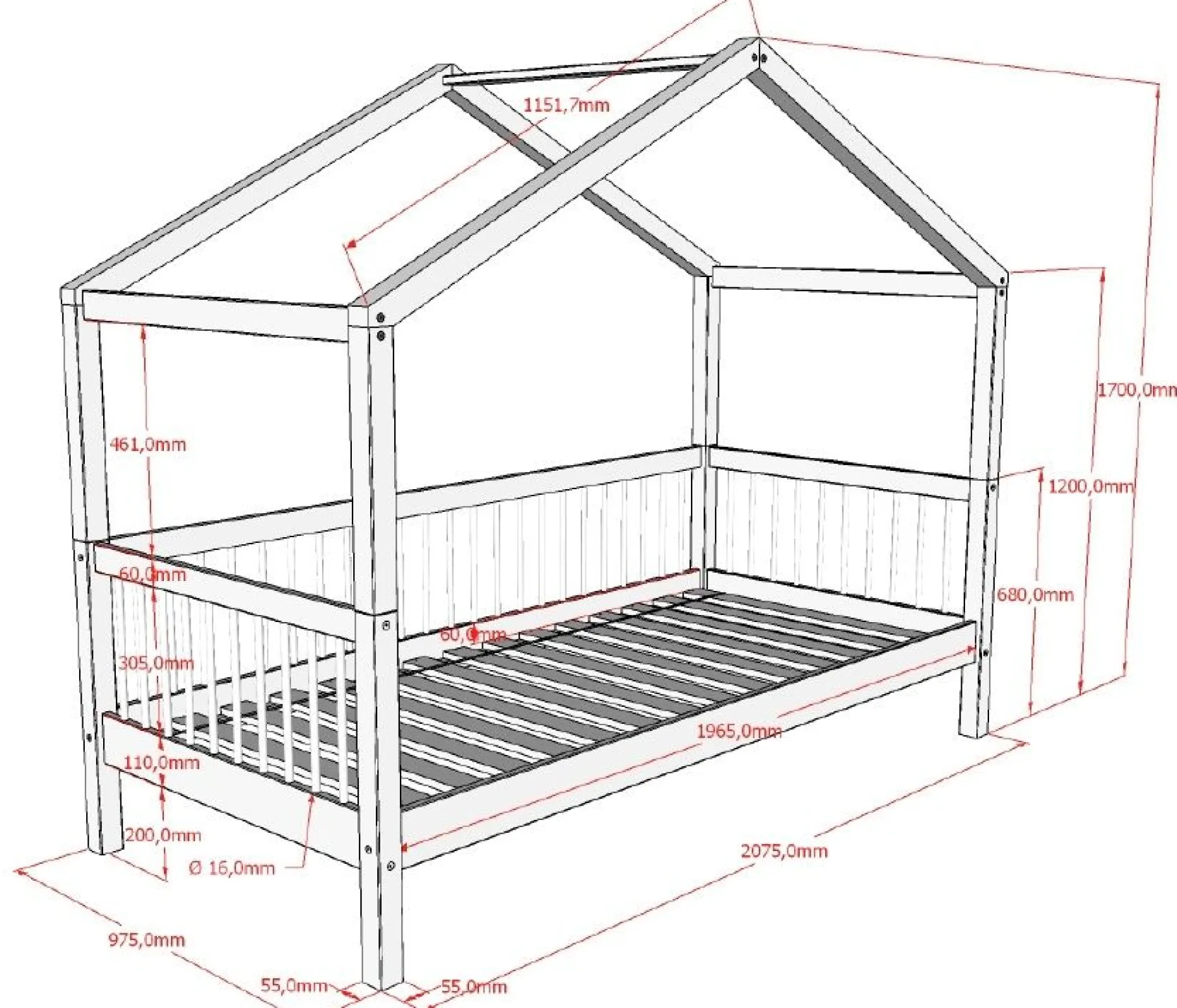 Hausbett Forrest 90x200cm mit Bettgitter - Buche