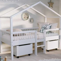 Hausbett Forrest - 90 x 200cm - mit Leiter und Staukästen - Buche - weiß