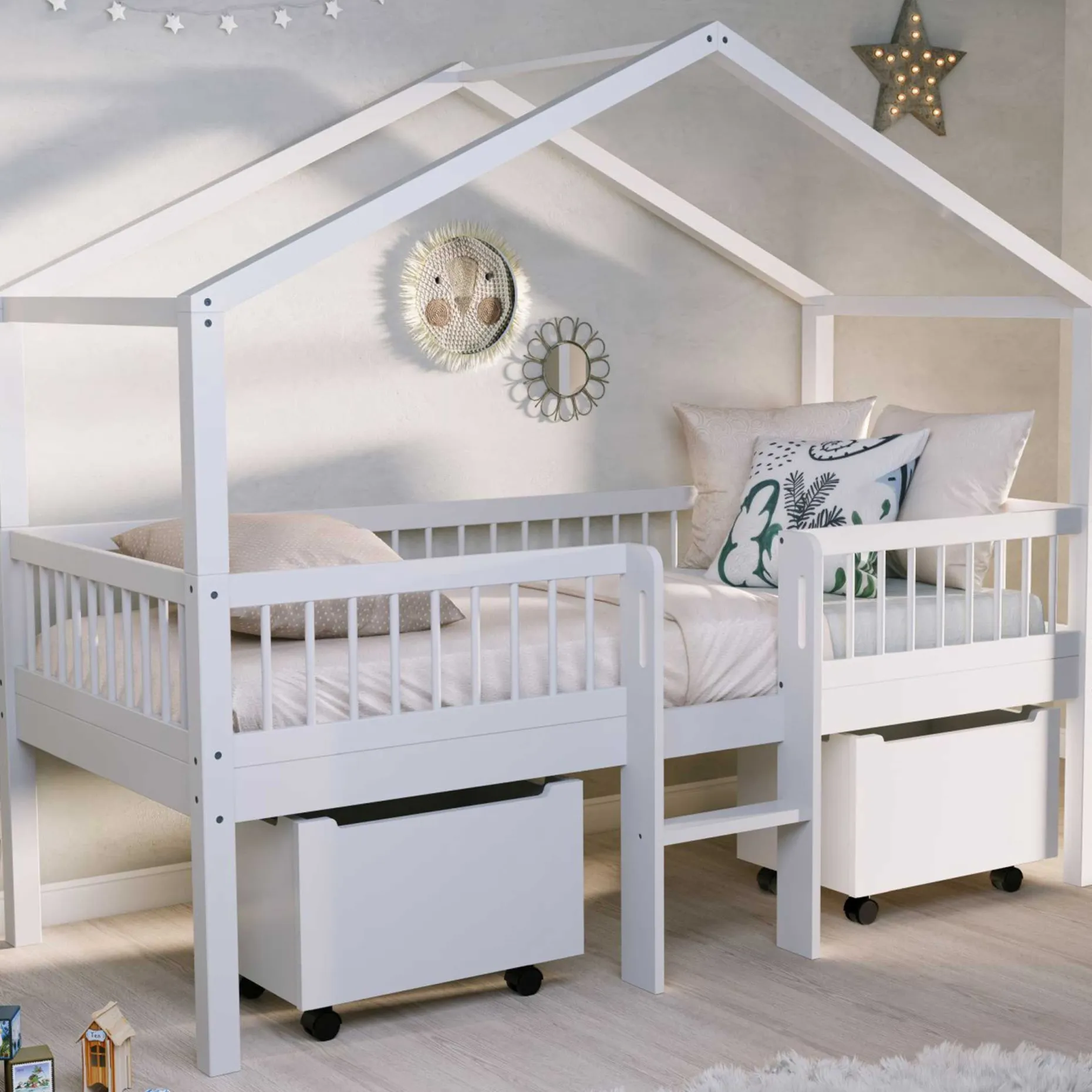 Hausbett Forrest - 90 x 200cm - mit Leiter und Staukästen - Buche - weiß