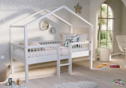Hausbett Forrest - 90 x 200cm - mit Leiter und Staukästen - Buche - weiß