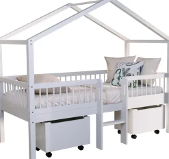 Hausbett Forrest - 90 x 200cm - mit Leiter und Staukästen - Buche - weiß