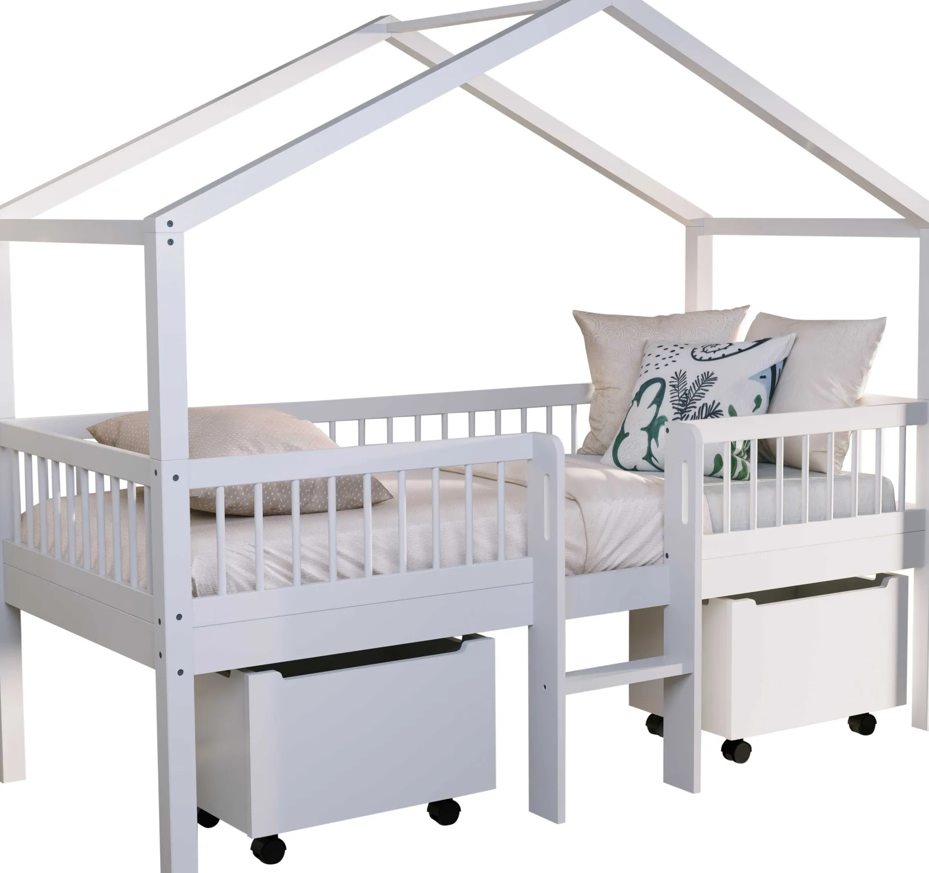 Hausbett Forrest - 90 x 200cm - mit Leiter und Staukästen - Buche - weiß