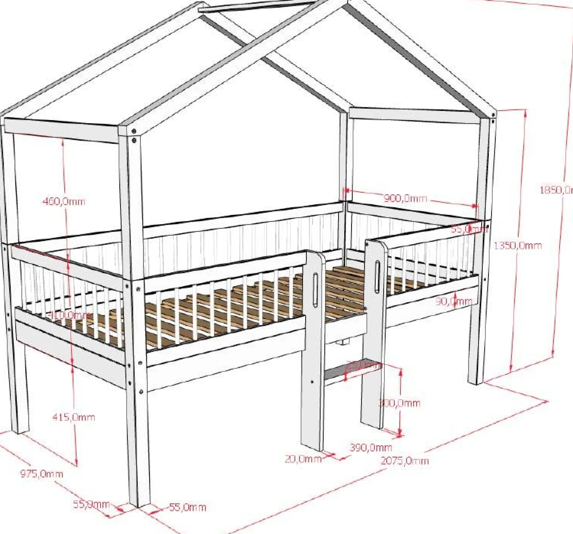 Hausbett Forrest - 90 x 200cm - mit Leiter und Staukästen - Buche - weiß