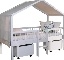 Hausbett Forrest - 90 x 200cm - mit Leiter, Aufbewahrungskästen und Schlafzelt - Buche - weiß