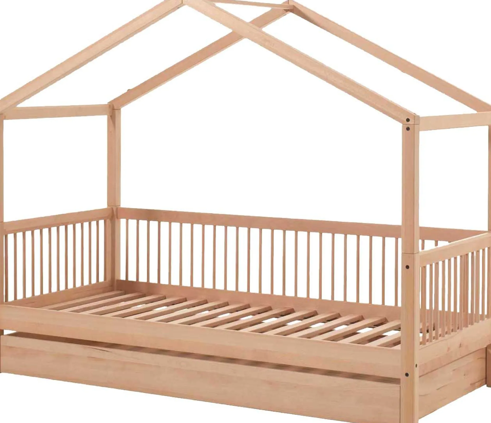 Hausbett Forrest 90x200cm mit Rollbett - Buche Massivholz